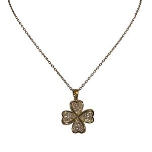 Gold Stainless Steel Pave Crystal Four Leaf Clover Pendant Necklace Lucky Charm